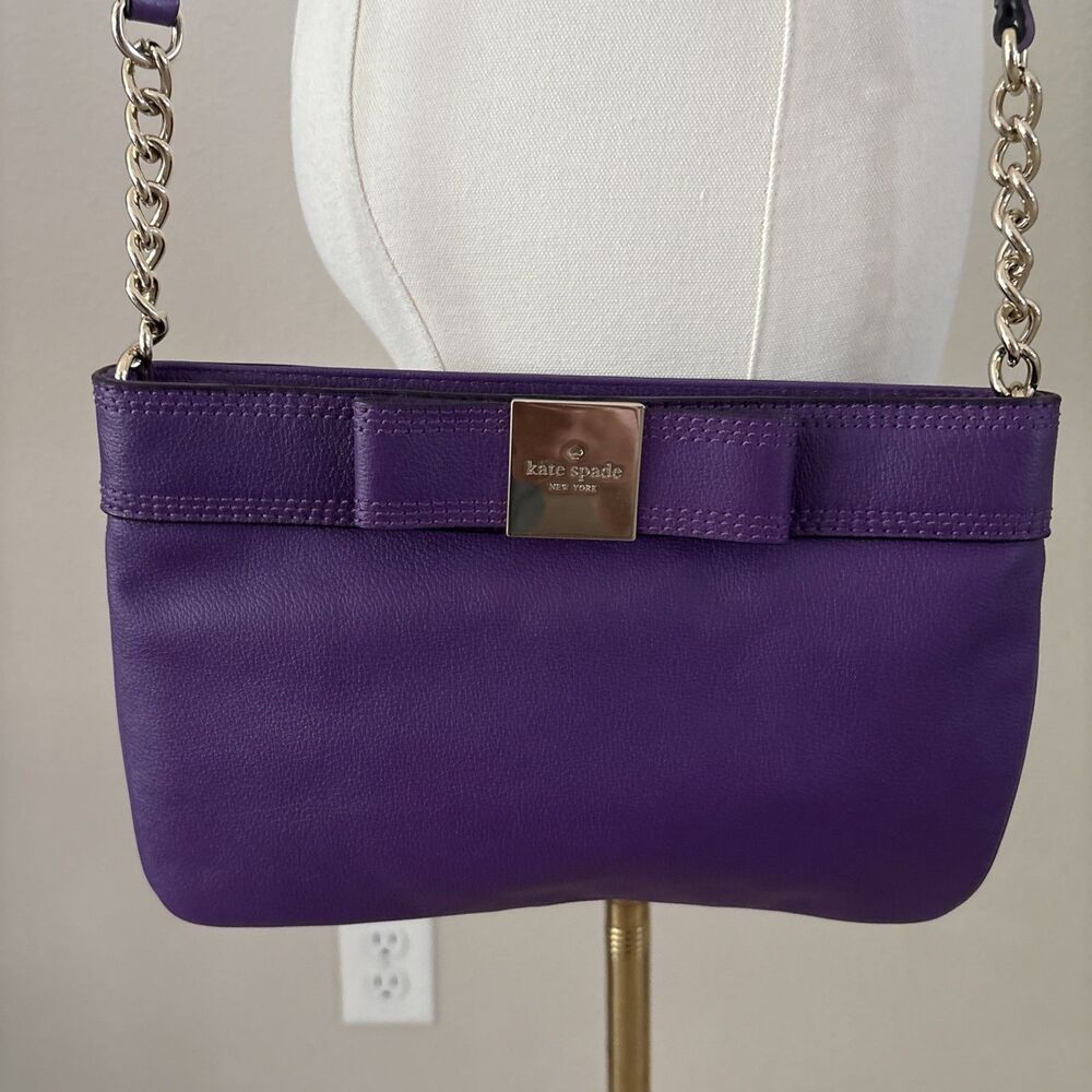 Kate Spade New York Purple Leather Bow Crossbody Bag Gold Chain Polka Dot - Picture 4 of 12